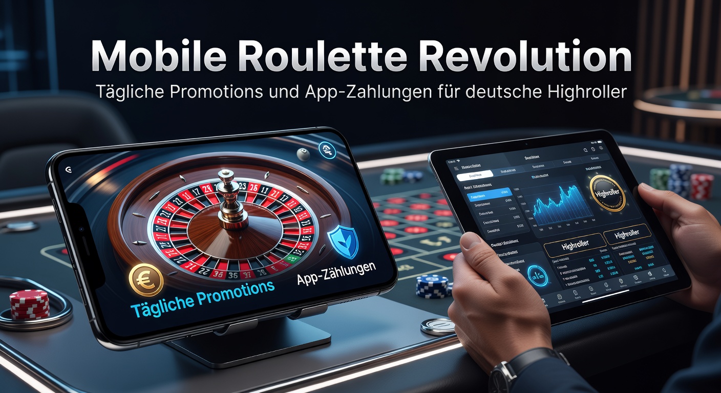 Smartphone mit Roulette-App im Vordergrund, umgeben von Grafiken täglicher Boni und Highroller-Symbolen