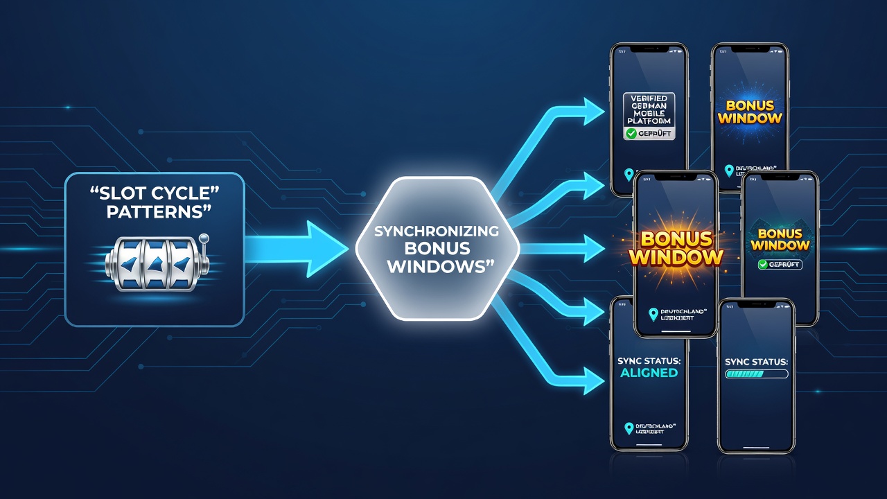 Mobile Ansicht einer verifizierten deutschen Casino-App mit synchronisierten Bonus- und Slot-Zyklusanzeigen